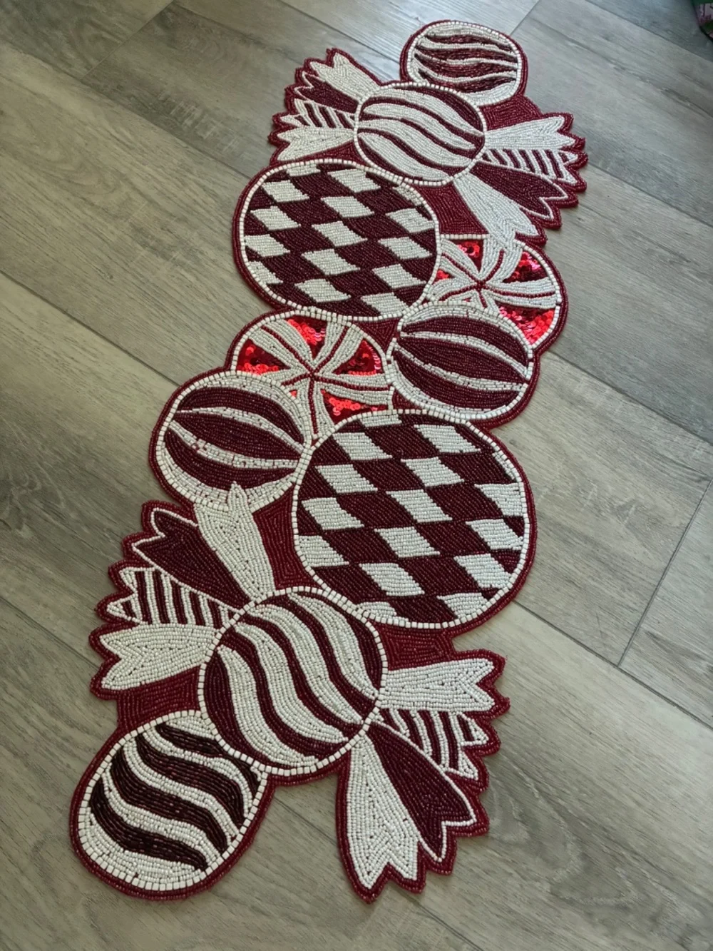 Pier 1 Peppermint Holiday Candy Beaded Table Runner Christmas Decor Red White
